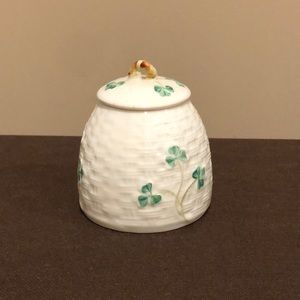 Vintage Irish Belleek Basket Weave Shamrock Honey Pot